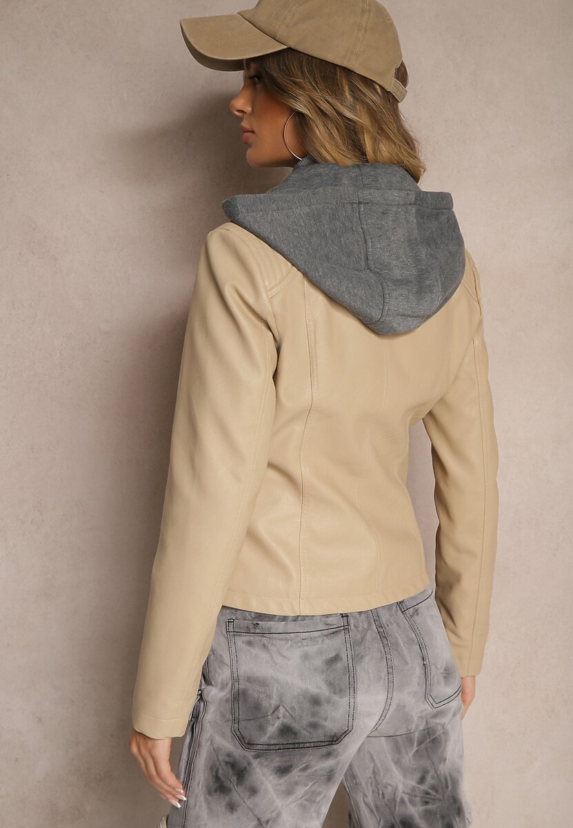 Beżowa Taliowana Kurtka Ramoneska z Tekstylnym Kapturem z Możliwością Odpięcia Ivaletha