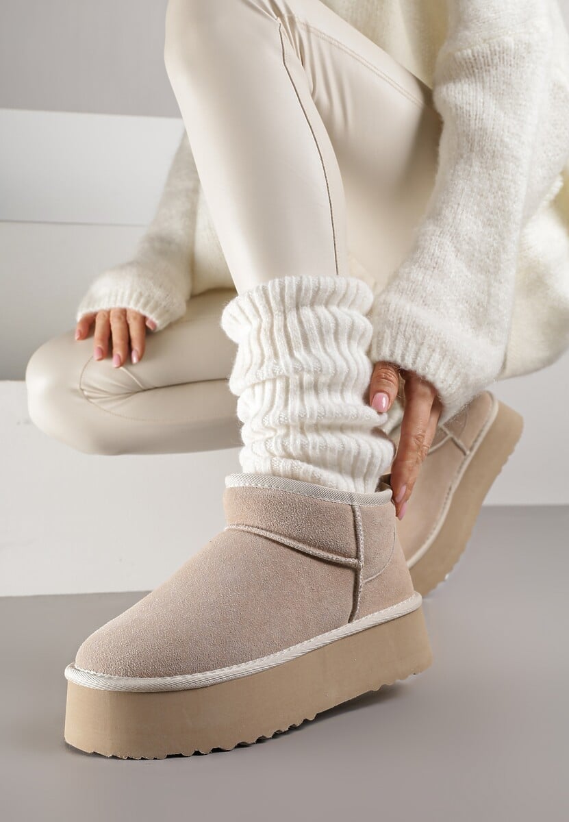 Jasnobrązowe Wsuwane Śniegowce z Zamszu Naturalnego na Grubej Podeszwie Mevilira