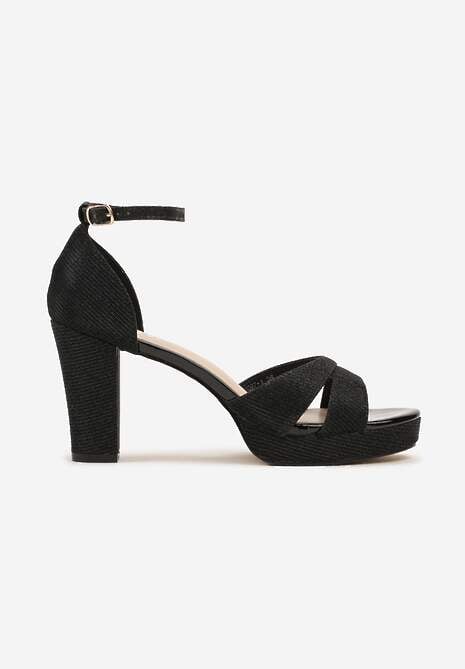 Czarne Brokatowe Sandały na Słupku i Niskiej Platformie Navisas