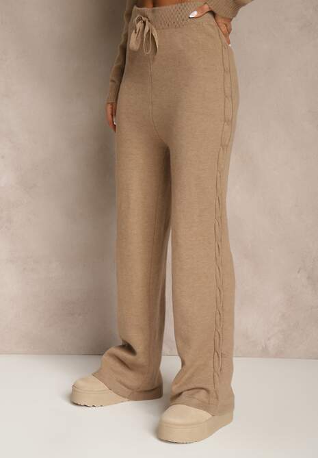 Ciemnobeżowy Dzianinowy Komplet z Wełną Spodnie Wide Leg i Sweter Cropped Nezera