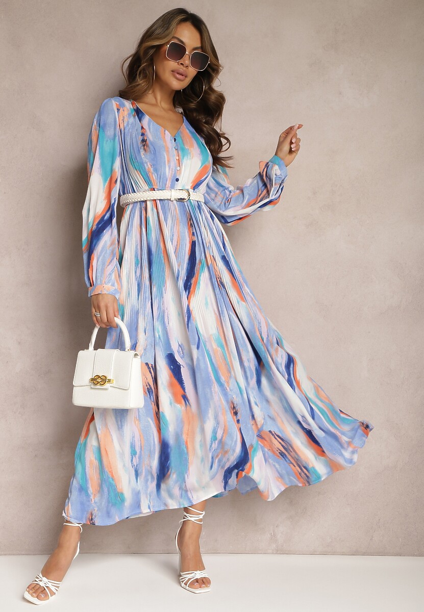 Niebieska Rozkloszowana Sukienka z Gumką w Talii i Akwarelowym Wzorem Kasille