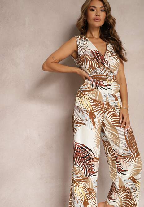 Beżowy Kombinezon z Bawełny z Szerokimi Ramiączkami i Długimi Nogawkami Vmeviana