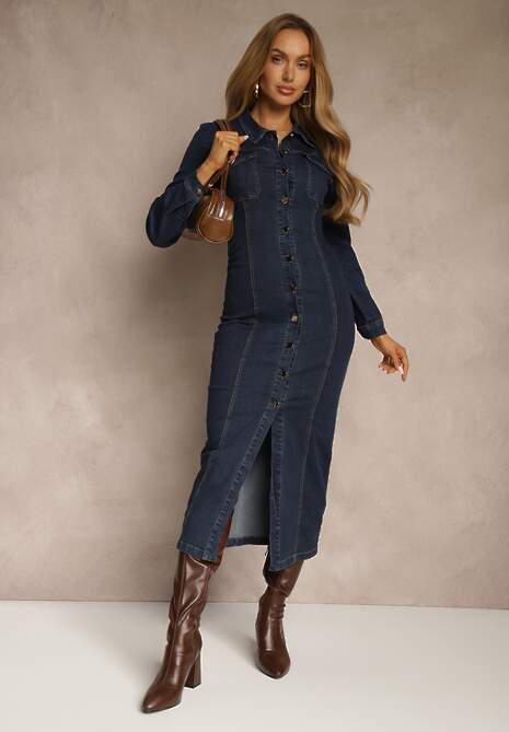 Granatowa Taliowana Sukienka Jeansowa o Koszulowym Fasonie Nezavia