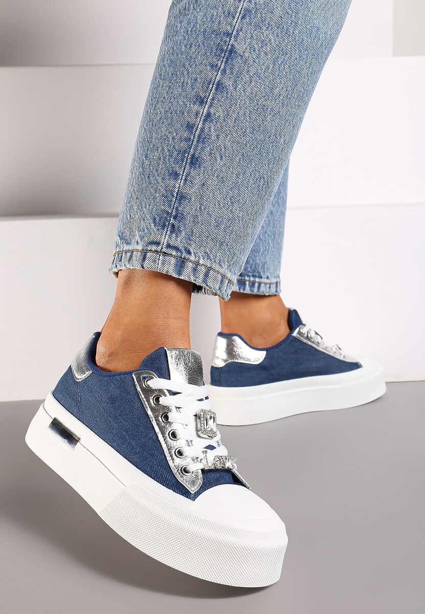 Niebieskie Casualowe Sneakersy na Platformie Ozdobione Cyrkoniami i Metalicznymi Wstawkami Primaria