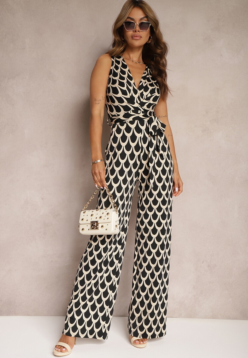 Czarno-Beżowy Kombinezon o Taliowanym Kroju z Trójkątnym Dekoltem i Paskiem w Talii Geranea