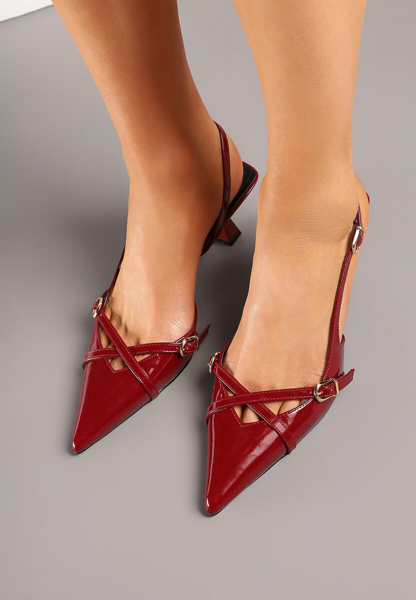 Bordowo-Czerwone Sandały Slingback na Kaczuszce ze Szpiczastym Noskiem ze Sprzączkami Deyline