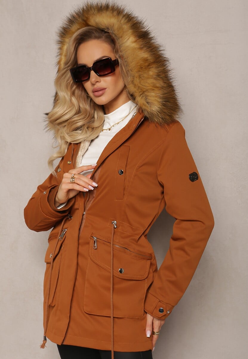 Brązowa Ocieplana Parka Kurtka z Kapturem i Podszewką z Możliwością Odpięcia Okava