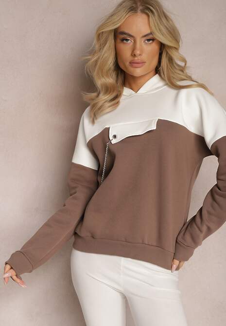 Brązowa Bawełniana Bluza z Kapturem i Łańcuszkiem Ambriella