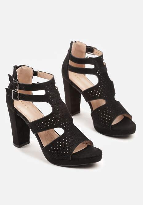Czarne Sandały na Słupku Vices Ozdobione Wycięciami i Perforacją Firaleia