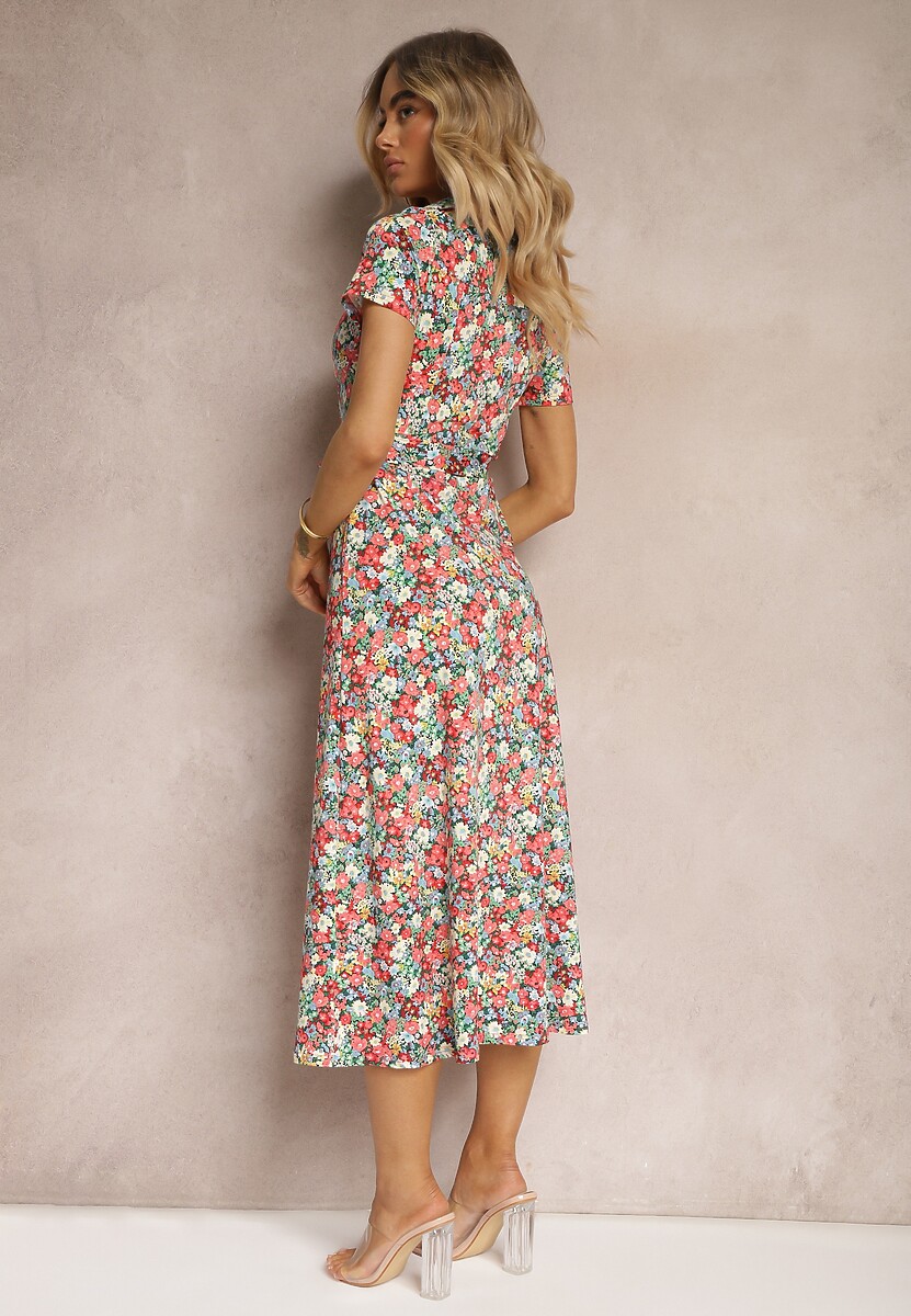 Czerwono-Zielona Rozkloszowana Sukienka z Wiskozą Zapinana na Guziki Ozdobiona Paskiem Dimica