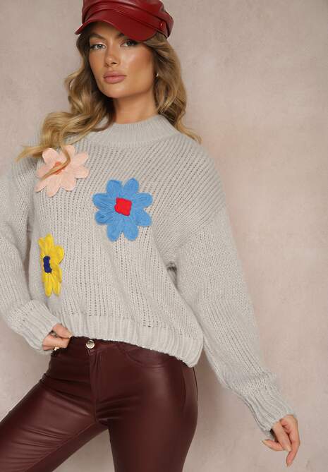 Jasnoszary Sweter z Wiskozą i Kwiatowym Motywem Labrienna