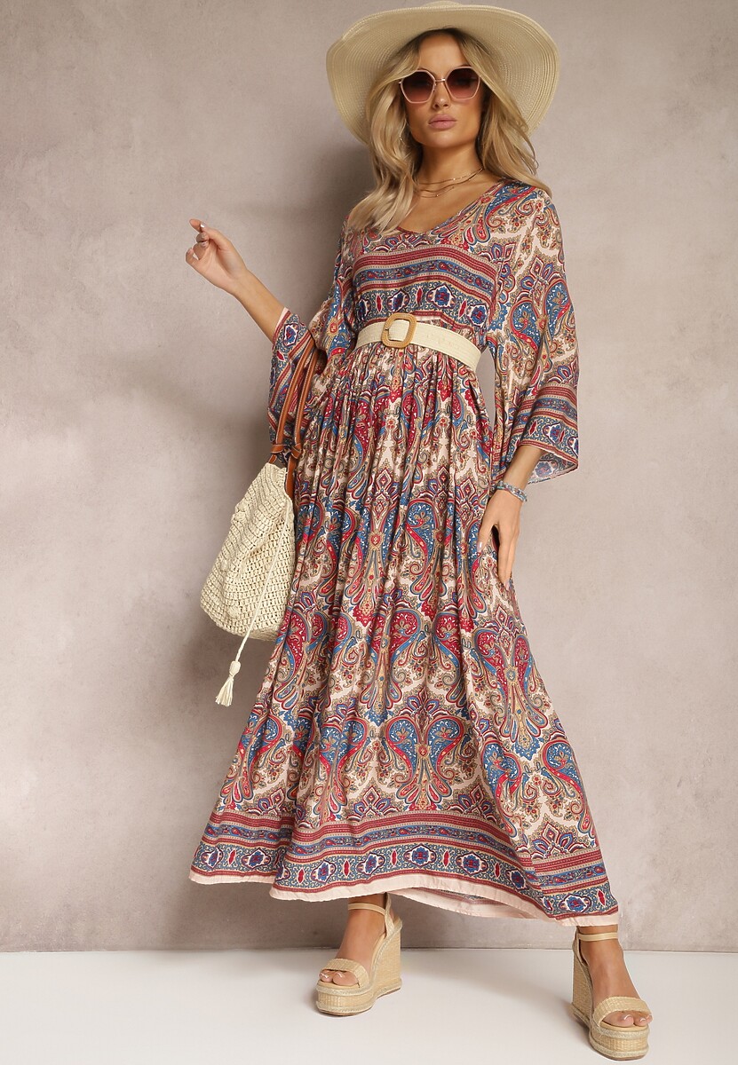 Czarno-Bordowa Rozkloszowana Sukienka we Wzór Paisley z Rękawem 3/4 Briarwa