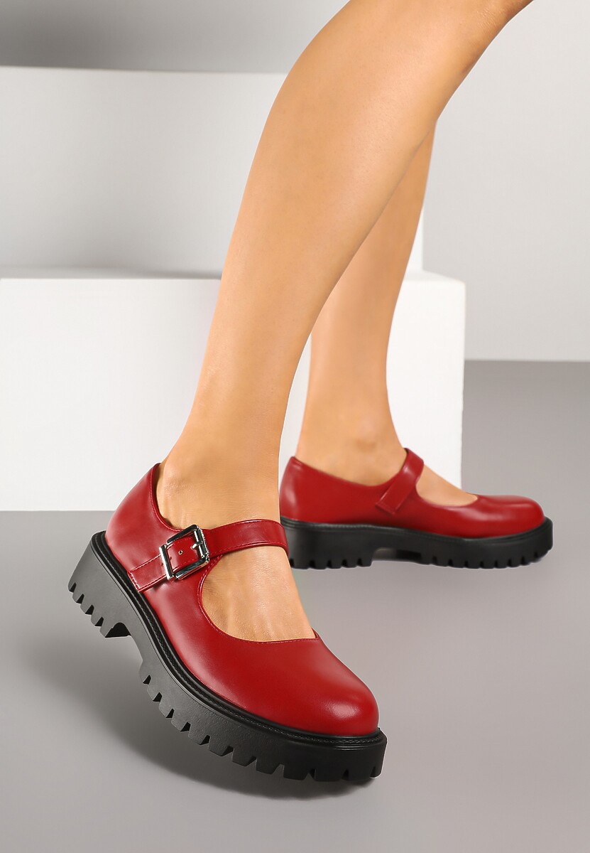 Bordowe Półbuty Mary Jane na Platformie z Paskiem i Sprzączką Erisitha