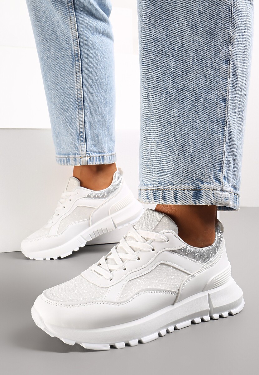 Białe Sneakersy z Brokatem na Grubej Podeszwie Wizune