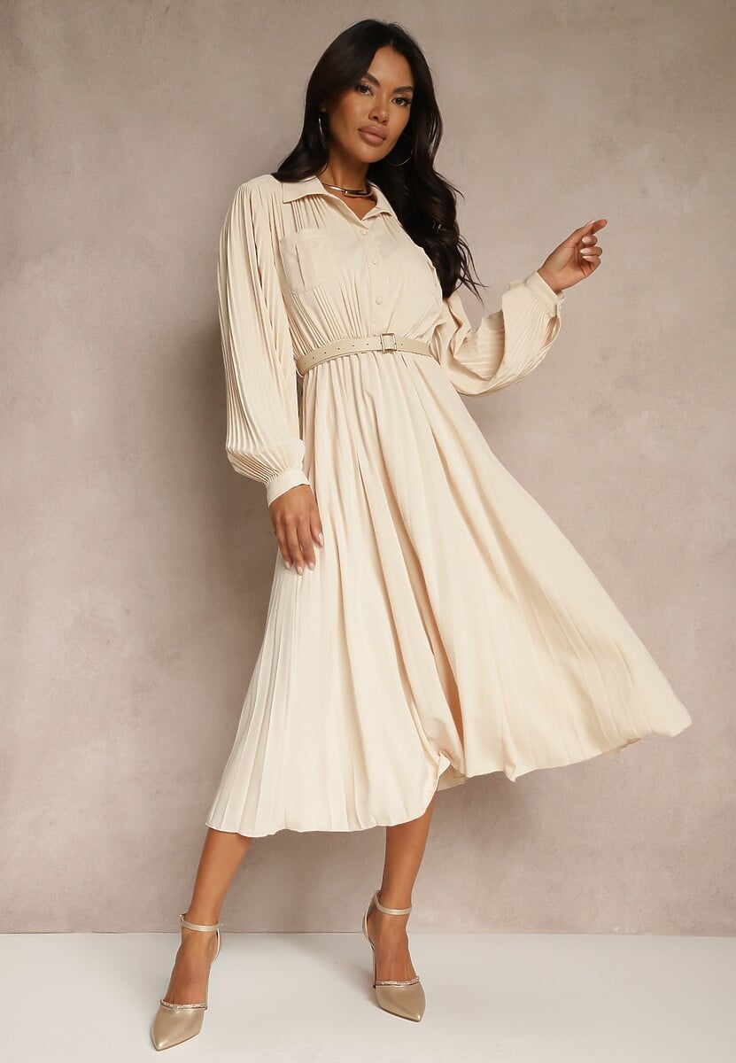 Pomarańczowa Rozkloszowana Sukienka Midi z Guzikami i Paskiem Ozdobiona Plisowaniem Lathori