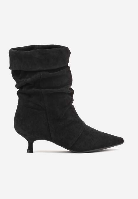 Czarne Botki do Kostki na Kaczuszce z Marszczoną Cholewką Rasela