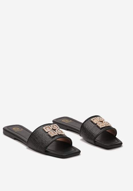 Czarne Klapki z Płaską Podeszwą i Geometryczną Biżuteryjną Klamrą Naruma