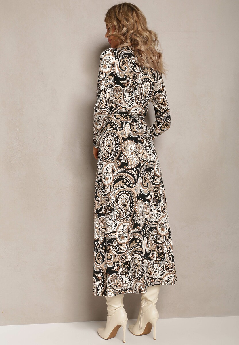 Beżowo-Czarna Sukienka Maxi z Wiązana w Pasie Rosali