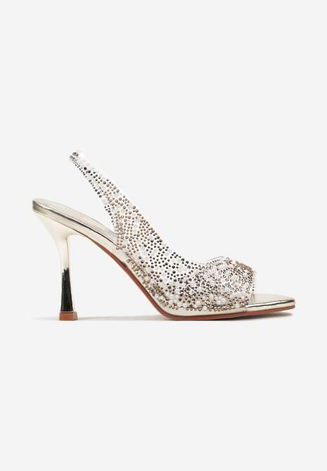 Złote Sandały Obcasie Transparentne Ozdobione Cyrkoniami Transparentną Cholewką i Perełkami Arfala