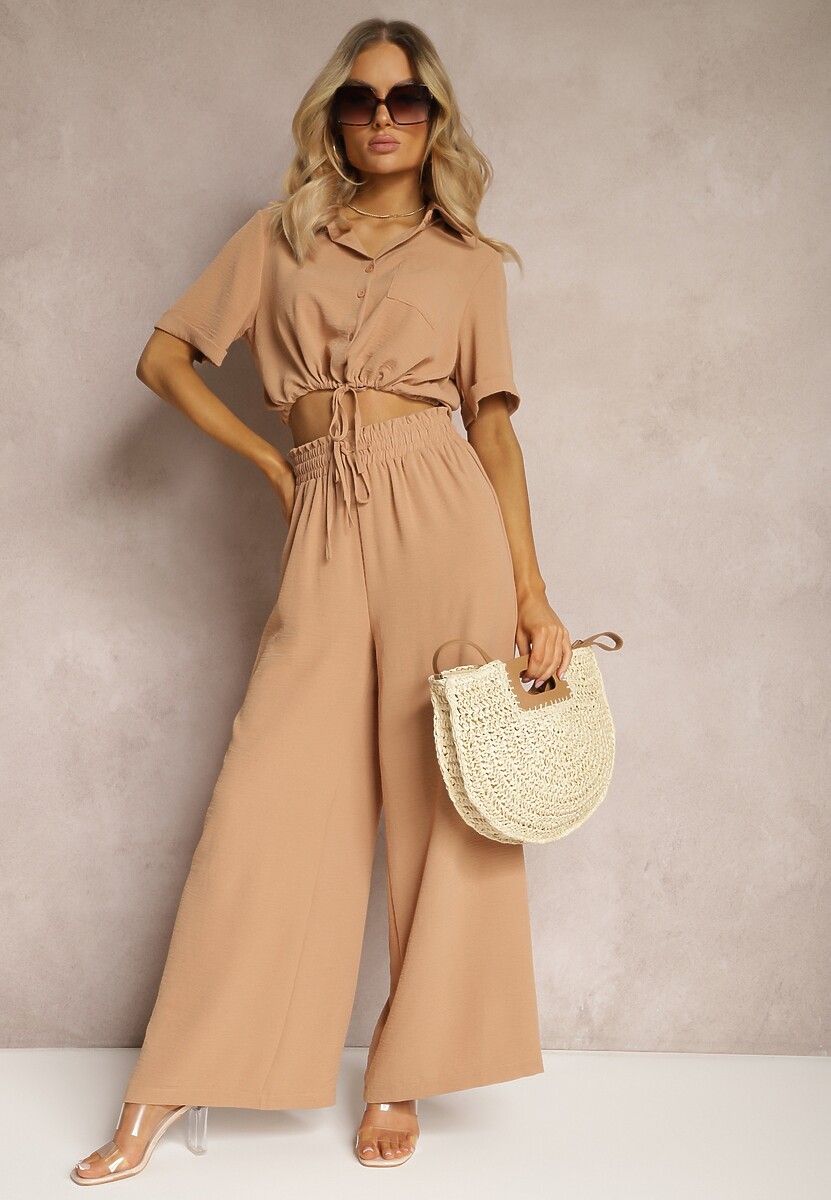 Ciemnobeżowy Dwuczęściowy Komplet Koszula z Krótkim Rękawem i Guzikami Spodnie z Gumką w Talii Zinesaa