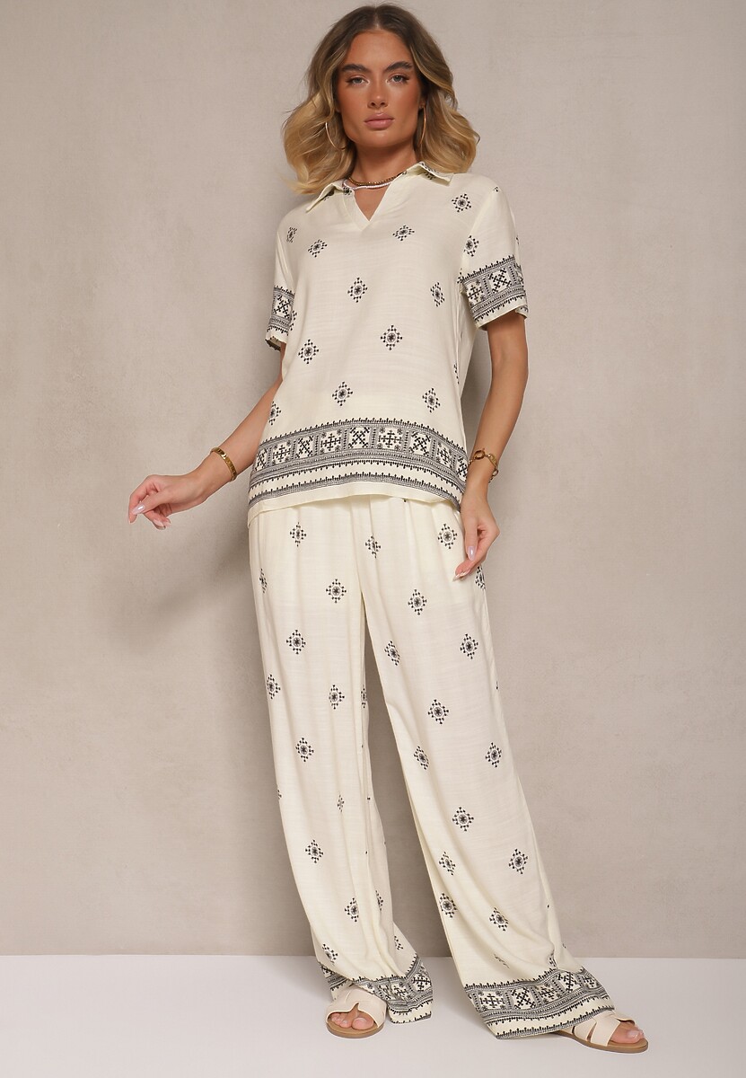 Jasnobeżowy Wiskozowy Komplet Bluzka z Kołnierzykiem i Spodnie o Szerokim Kroju Janovaria