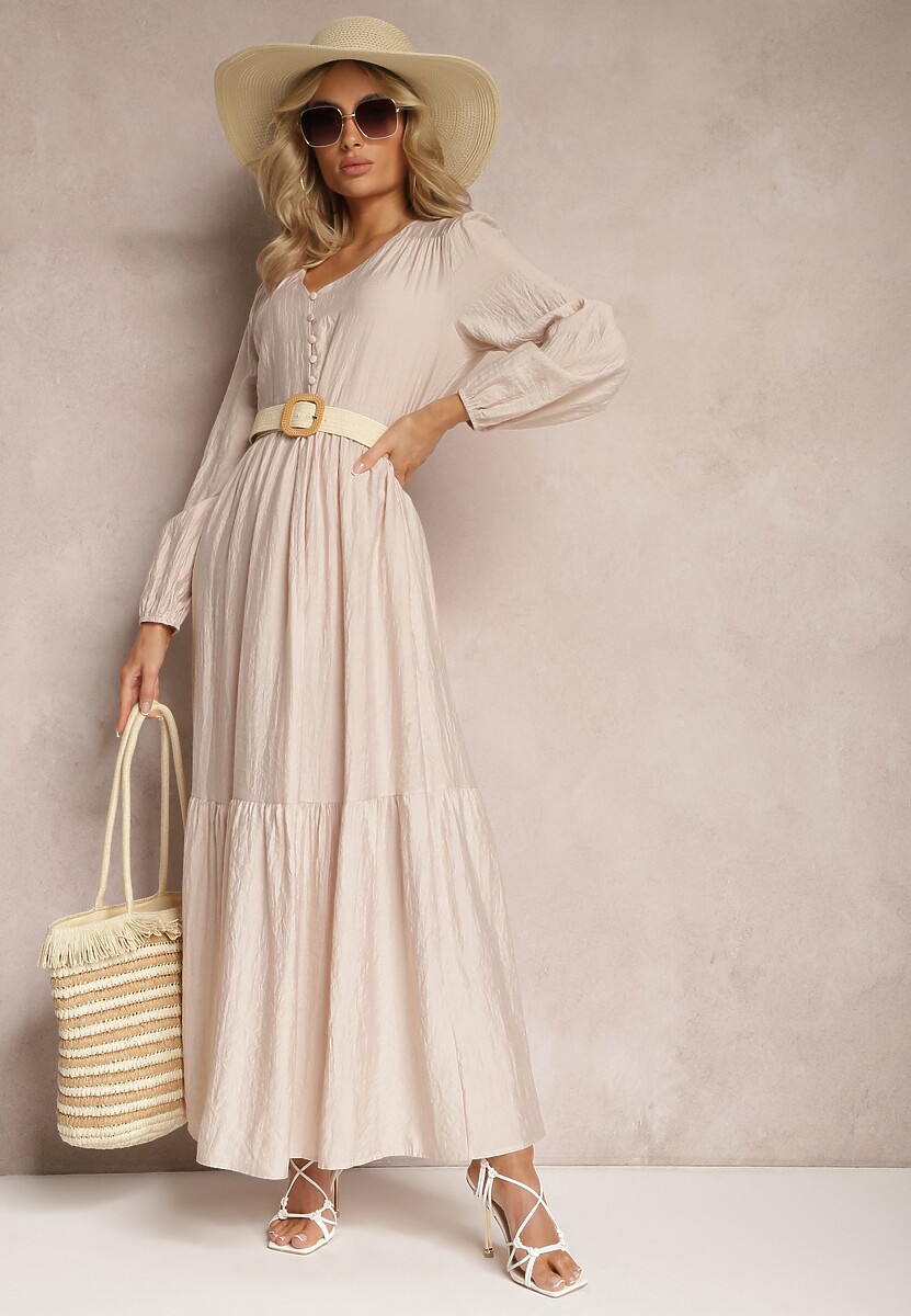 Beżowa Rozkloszowana Sukienka Pudełkowa Maxi z Ozdobnymi Guzikami Nervatti