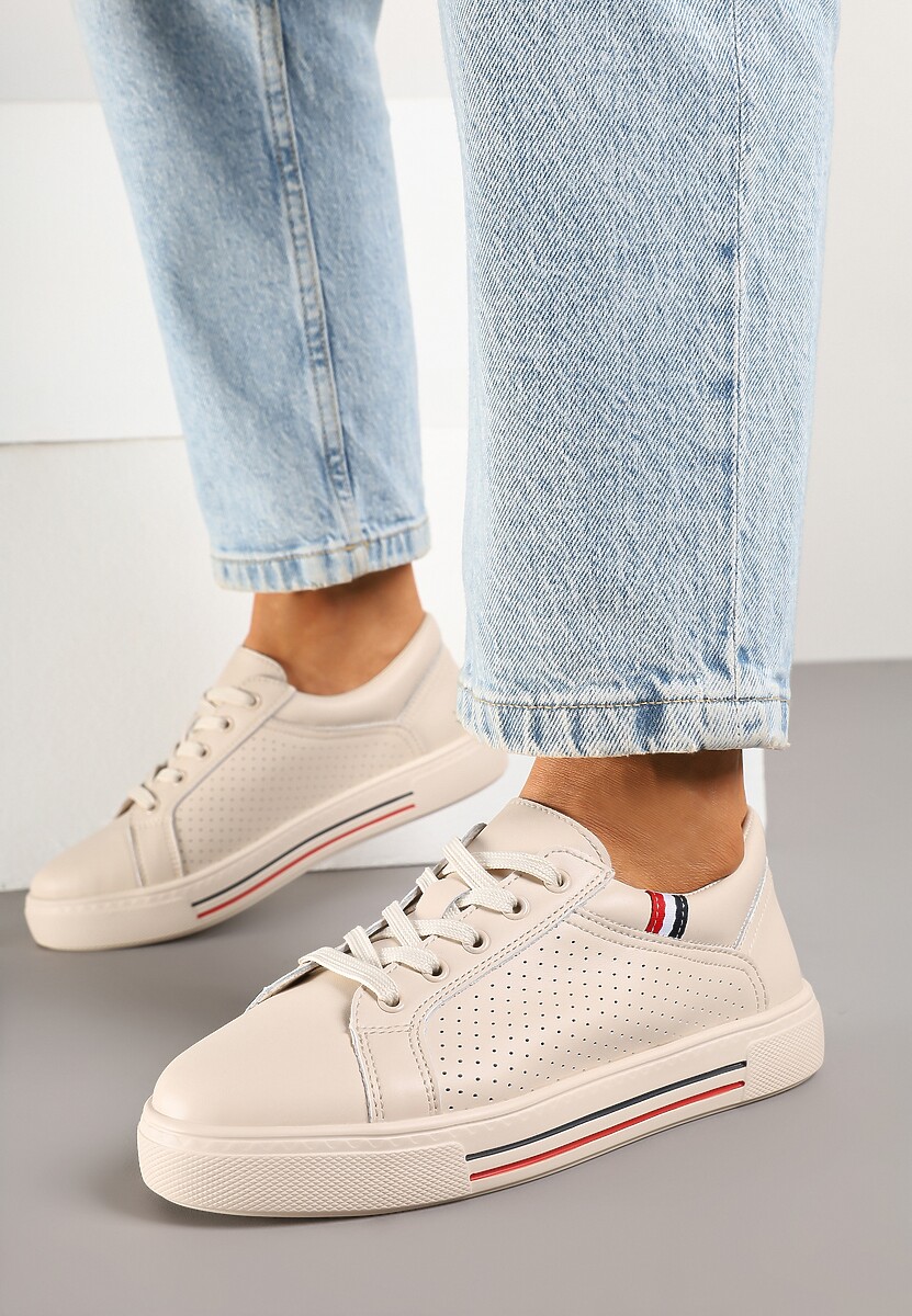 Beżowe Sneakersy Tenisówki ze Skóry Naturalnej Zdobione Perforacją Tillirene