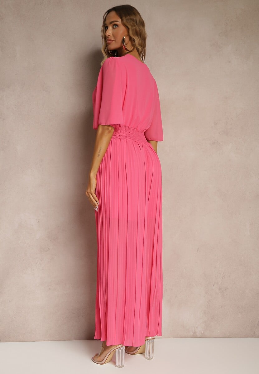 Fuksjowy Kombinezon z Kopertowym Dekoltem i Gumką w Pasie Zdobiony Plisami Amadle