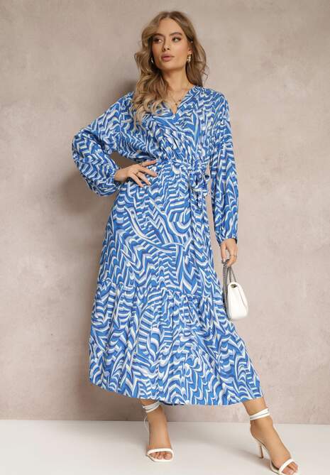 Niebieska Sukienka Kopertowa z Wiązanym Paskiem i Fantazyjnym Printem Nevilia