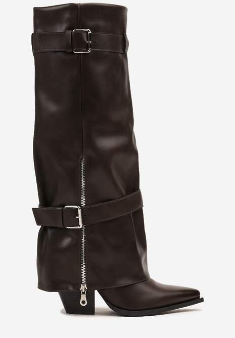 Brązowe Kozaki na Stożku z Cholewką Imitującą Nogawkę z Klamrami i Suwakiem Erseria