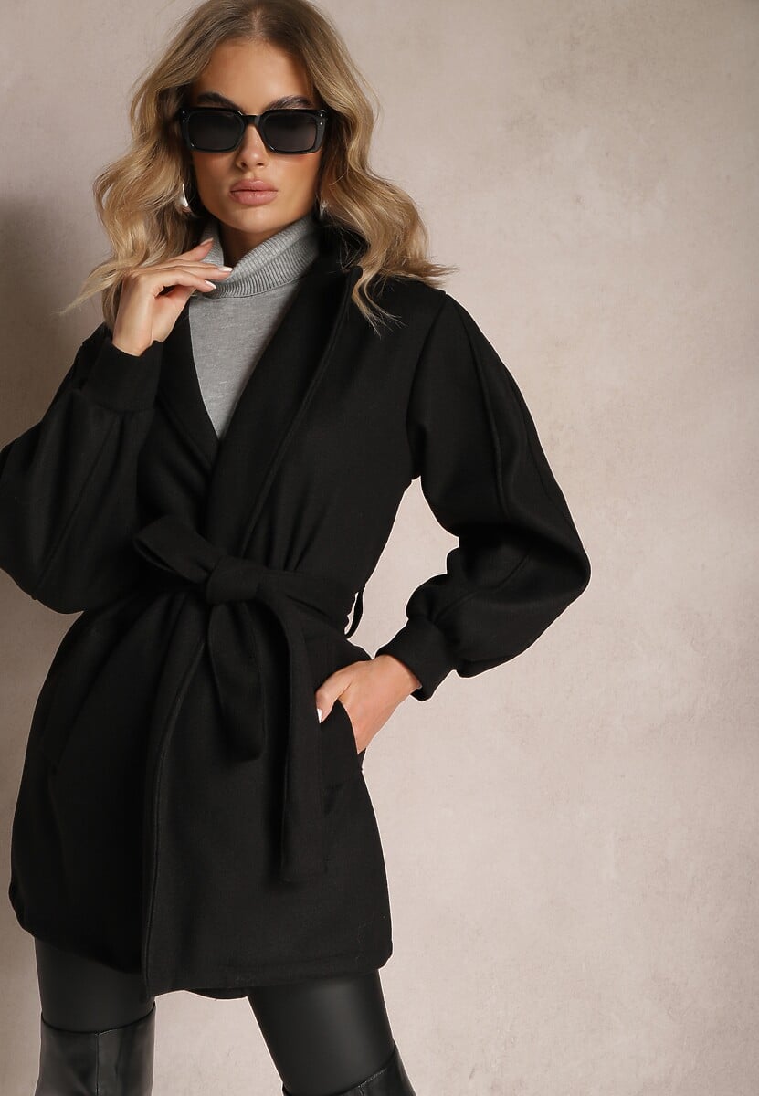 Beżowy Płaszcz z Wiązanym Paskiem i Bufiastym Rękawem Agnage