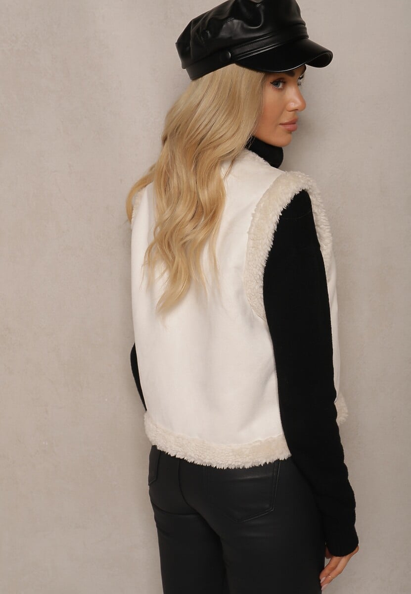 Beżowa Kamizelka z Futerkiem i Haftem w Kwiaty Miathina