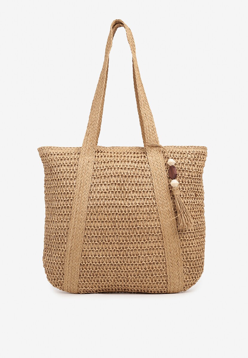 Ciemnobeżowa Torebka z Plecionki z Frędzlem i Koralikami Rinazelia