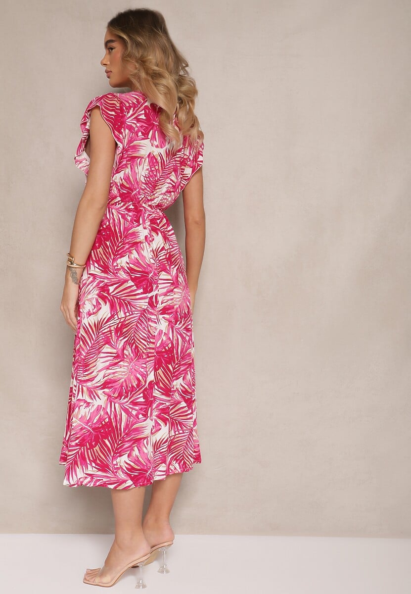 Różowa Sukienka o Rozkloszowanym Fasonie z Bawełny w Liście Lanadena
