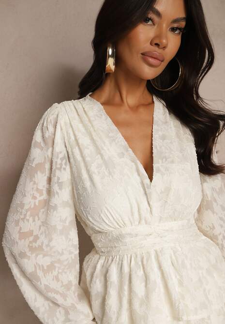 Jasnobeżowa Mini Sukienka o Rozkloszowanym Kroju z Falbankami i Marszczeniami Sealine