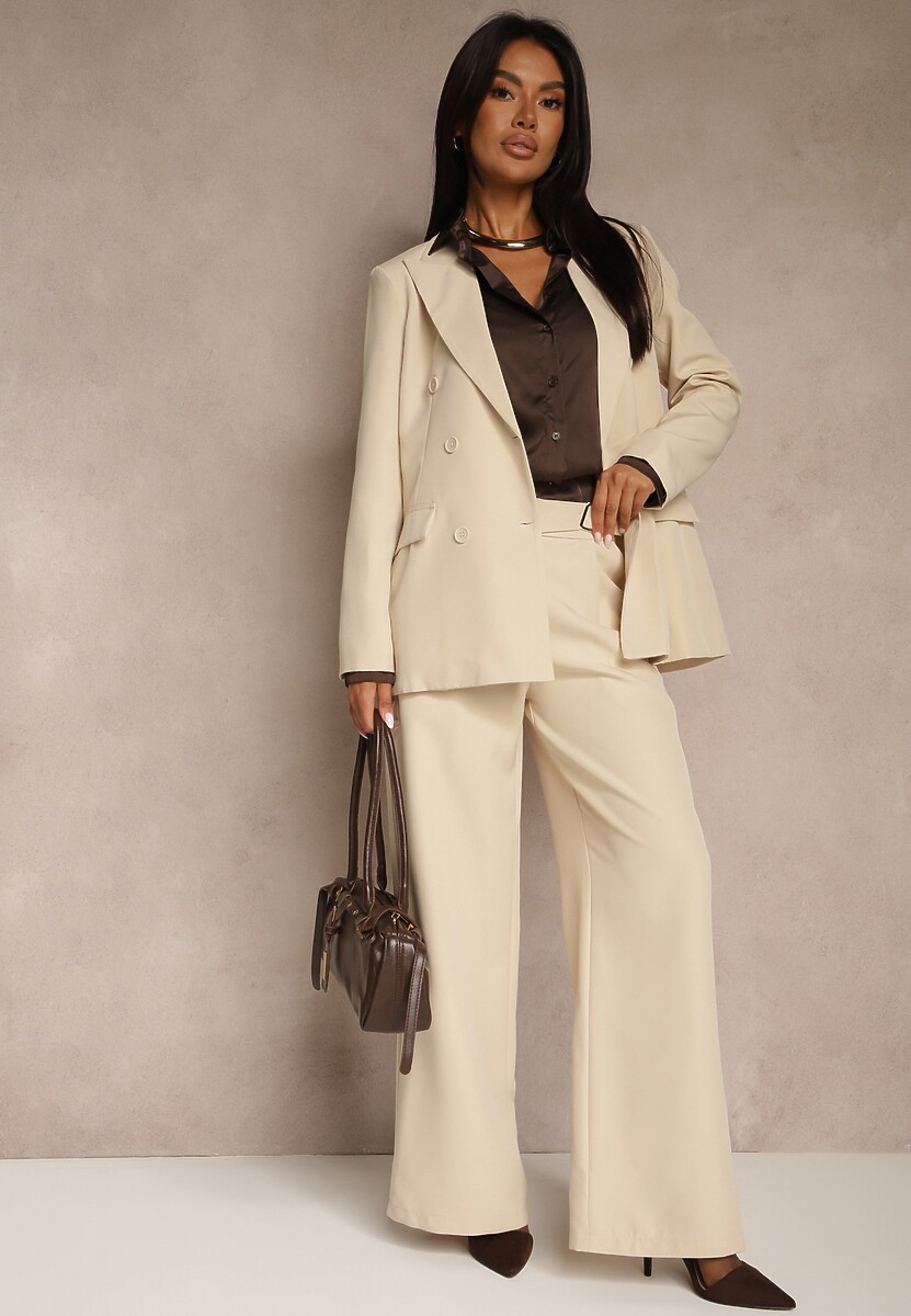 Beżowy Garnitur Spodnie i Marynarka z Usztywnionymi Ramionami Sonavienna