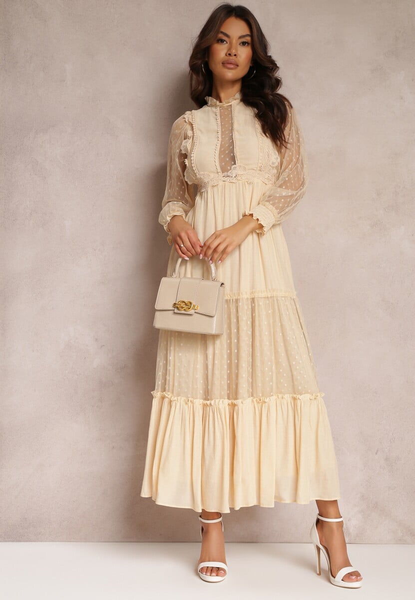 Beżowa Sukienka z Bufiastym Rękawem Ozdobiona Tiulowymi Wstawkami Laluna