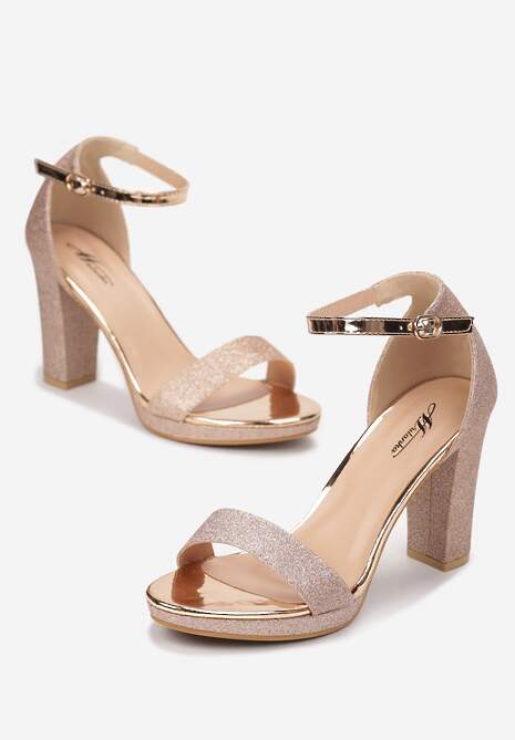 Szampańskie Sandały na Słupku Zdobione Brokatem Aldohr