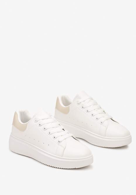 Biało-Beżowe Casualowe Sneakersy na Platformie ze Sznurowaniem Tialorae