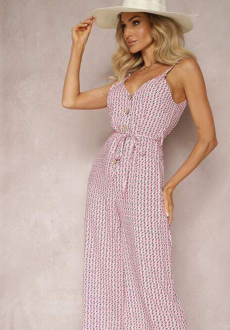 Jasnoróżowy Kombinezon o Długości 3/4 z Paskiem w Geometryczny Wzór Ventoria