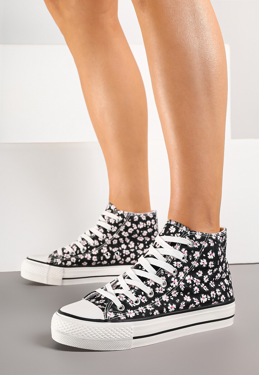 Czarne Trampki z Wysoką Cholewką Zdobione Kwiatowym Printem Folellia