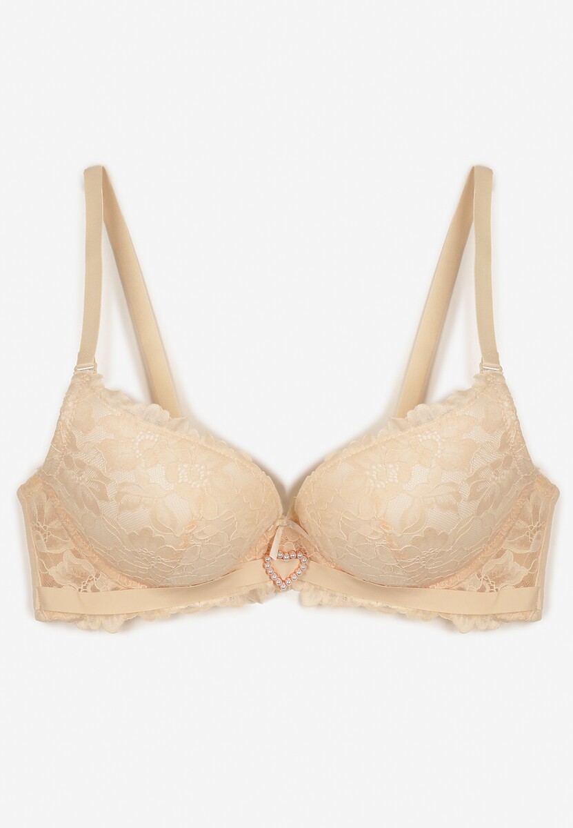 Beżowy Koronkowy Biustonosz z Sercem z Cyrkonii i Koronką Nelanisea