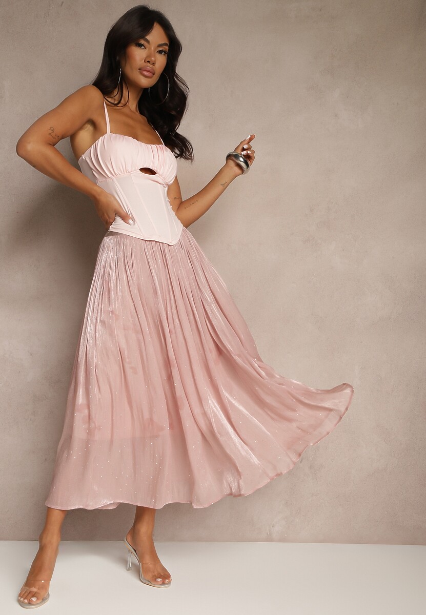 Różowa Spódnica o Rozkloszowanym Kroju z Ozdobnymi Cyrkoniami Folaressa