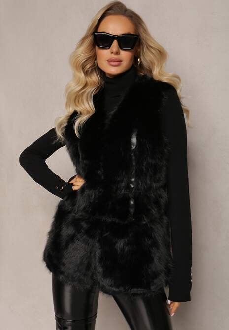 Czarna Puchata Kamizelka z Futerka Ozdobiona Imitacją Skóry Tekllesa