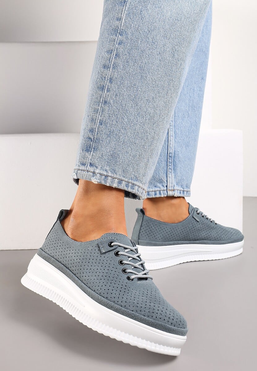 Szare Półbuty ze Skóry z Ozdobnym Sznurowaniem i Perforacją Giriassa