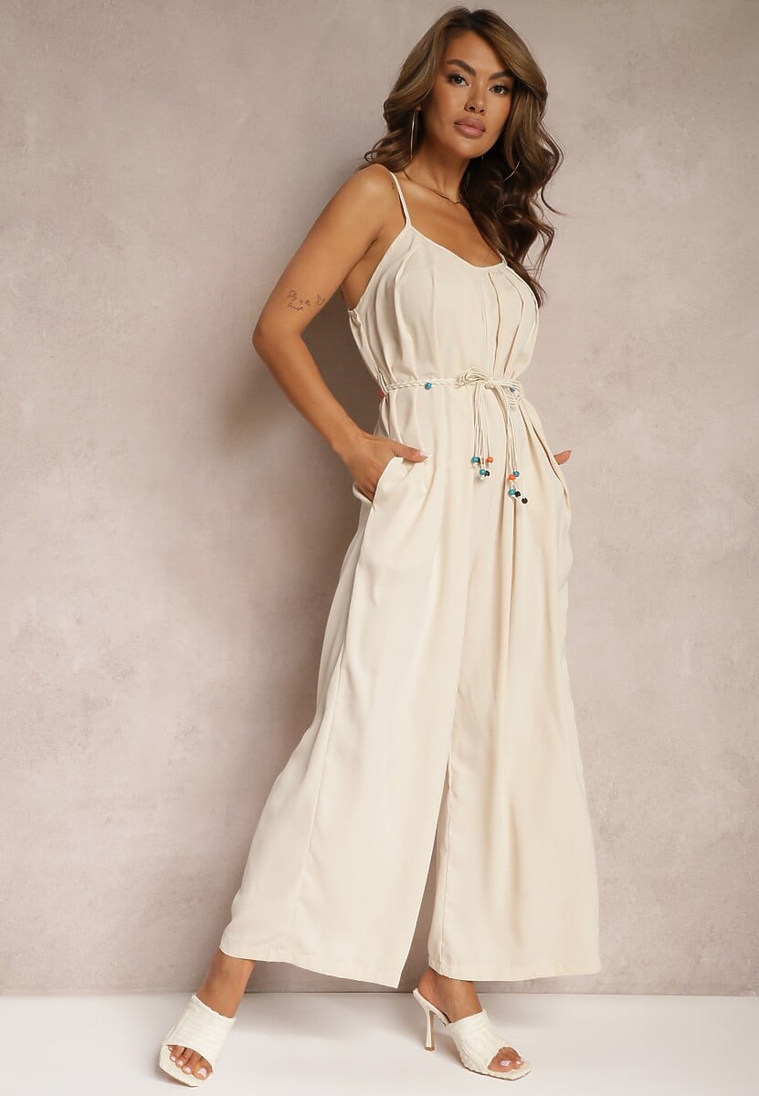 Jasnobeżowy Kombinezon z Regulowanymi Ramiączkami Wiązany w Talii bez Ramiączek Juletta