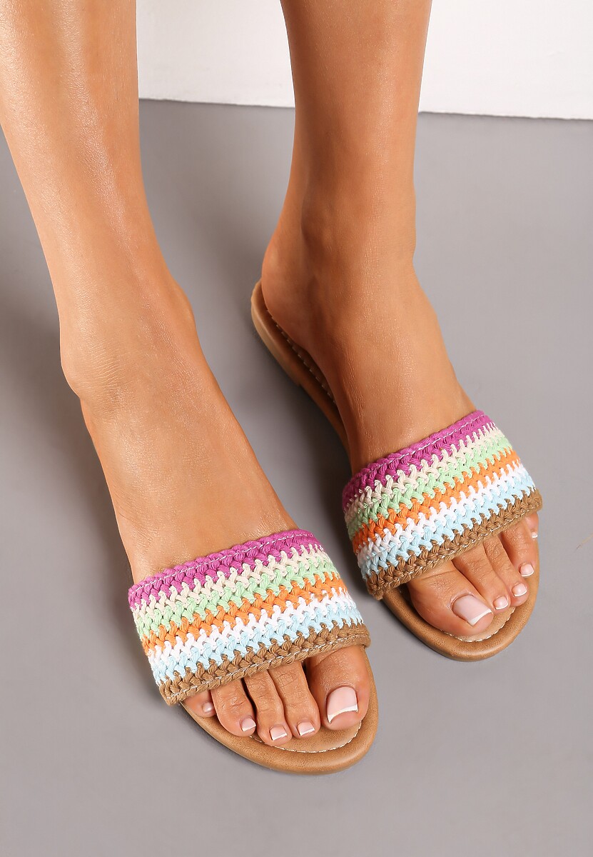 Beżowo-Fioletowe Klapki z Ekoskóry z Plecionką i Płaskim Obcasem Daraena