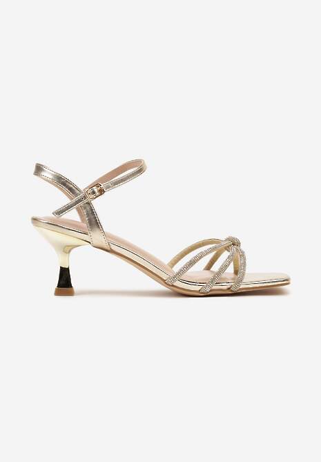Złote Sandały Vices na Obcasie Typu Kaczuszka Ozdobione Cyrkoniami Lumariane