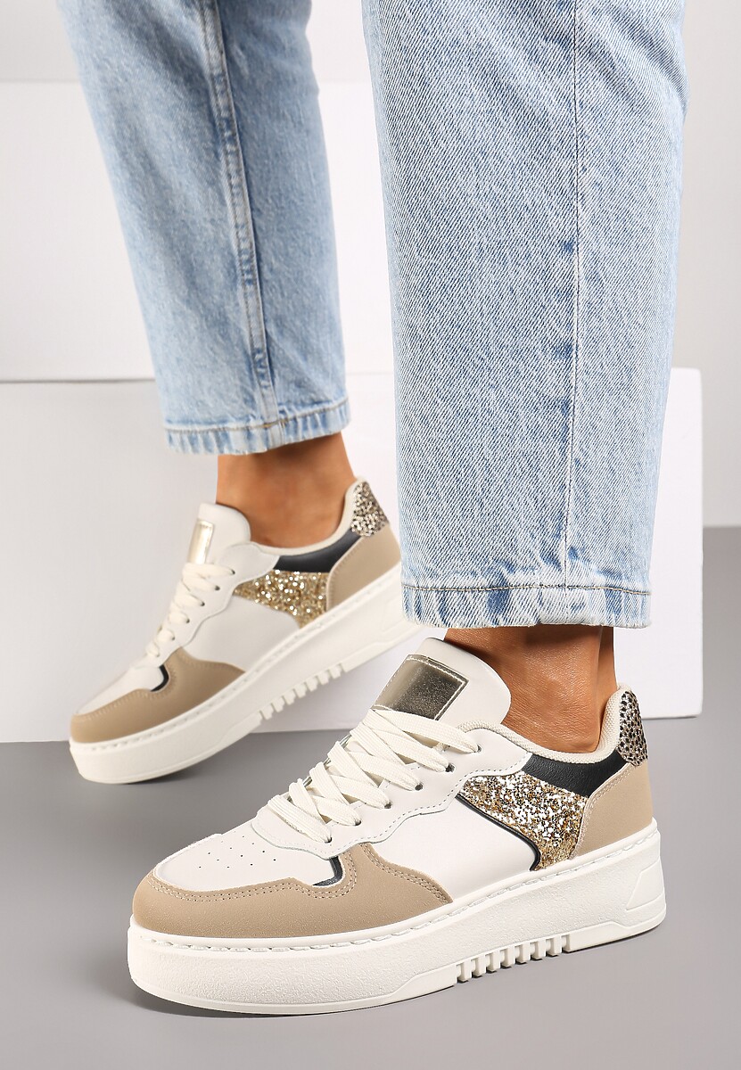 Ciemnobeżowe Sneakersy na Platformie Ozdobione Metalicznymi Elementami Miaraena