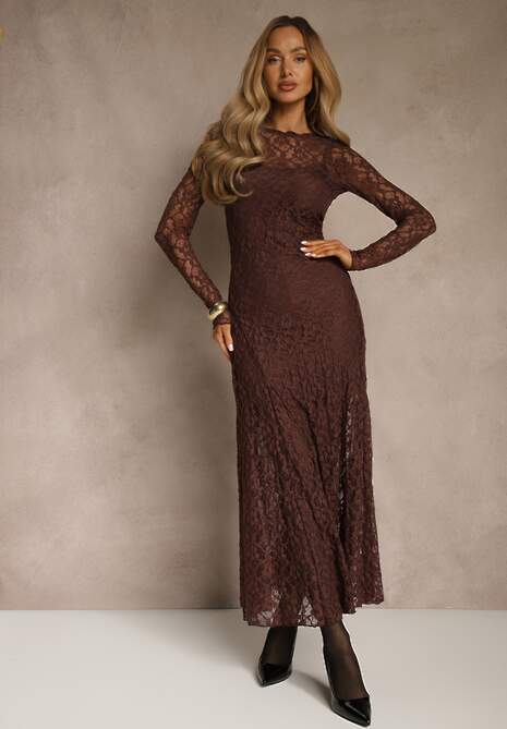 Brązowa Elegancka Sukienka z Koronki z Odkrytymi Plecami Lilafera